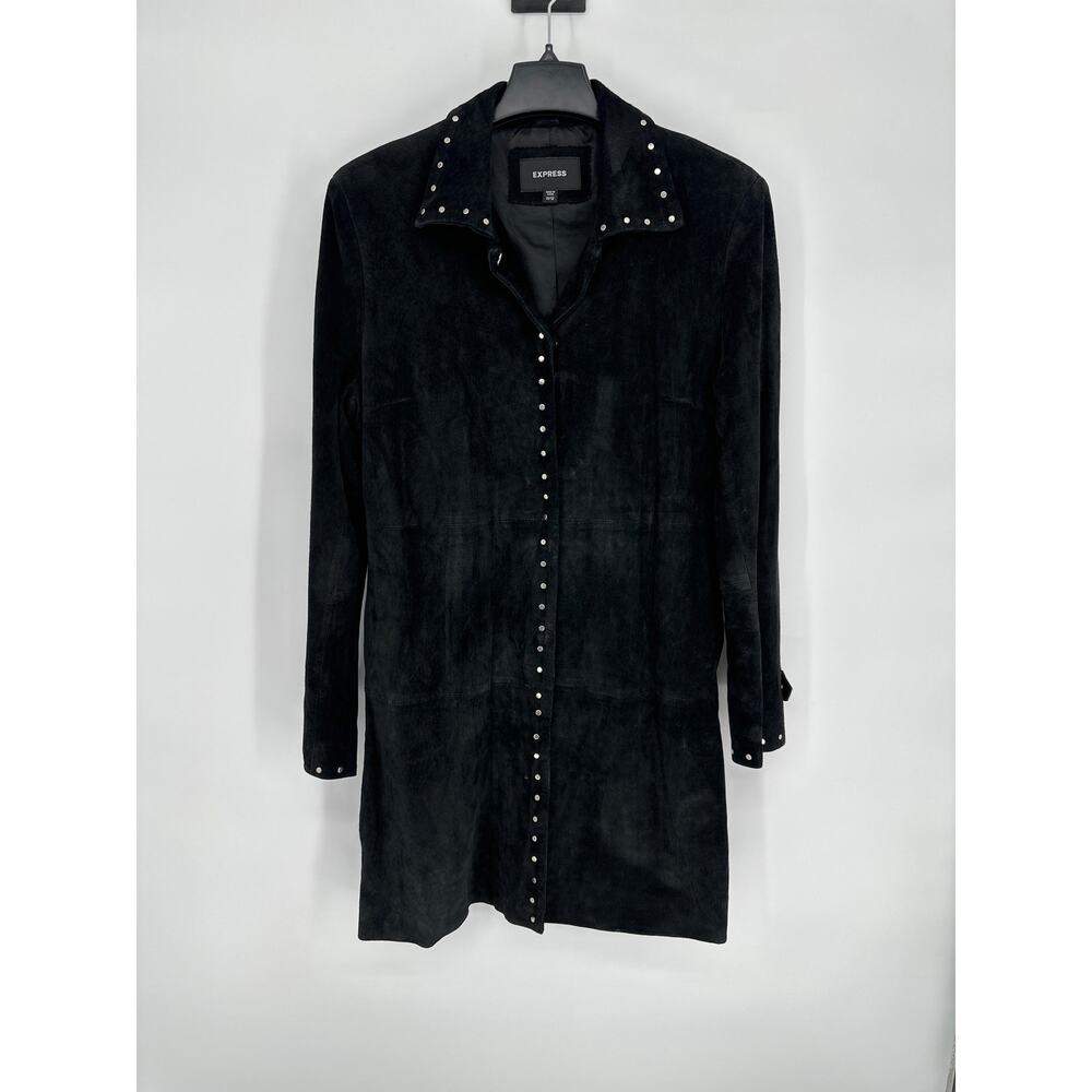 Vintage Express Gothic Black Suede Leather Studded Trench Coat Size 11/12